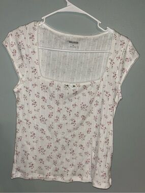 Hollister White Ribbed Floral Square-Neck Crop Top